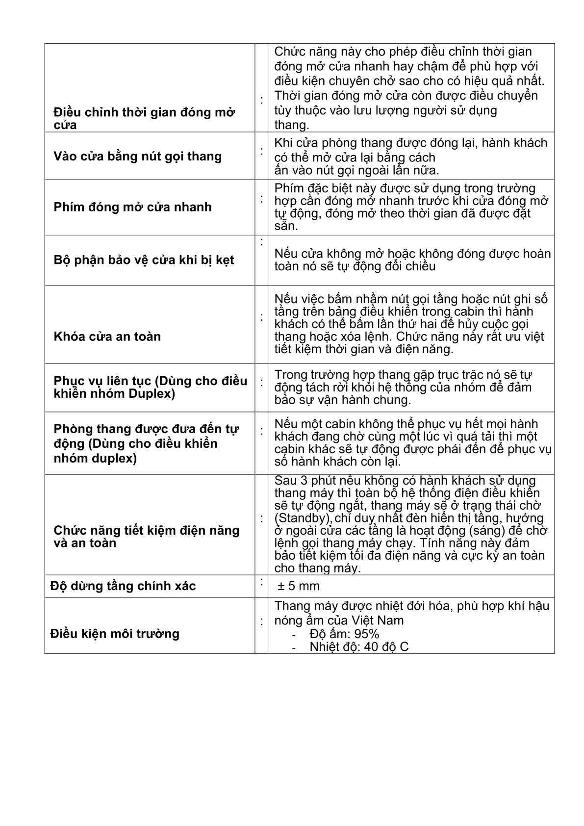 Bảng mô tả các chức năng và thông số kỹ thuật an toàn, tiết kiệm điện của thang máy